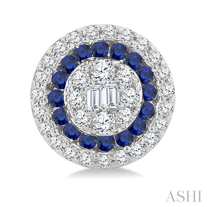 1/3 Ctw Circular Shape 1.00MM Round Cut Sapphire, Baguette and Round Cut Diamond Fusion Precious Stud Earrings in 14K White Gold