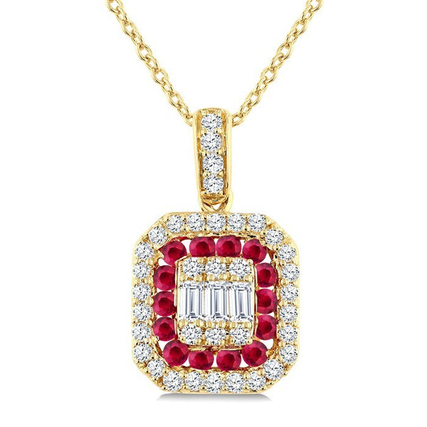 1/4 Ctw Octagonal Shape 1.45MM Ruby, Baguette and Round Cut Diamond Precious Fusion Pendant With Chain in 14K Yellow Gold