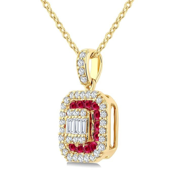 1/4 Ctw Octagonal Shape 1.45MM Ruby, Baguette and Round Cut Diamond Precious Fusion Pendant With Chain in 14K Yellow Gold