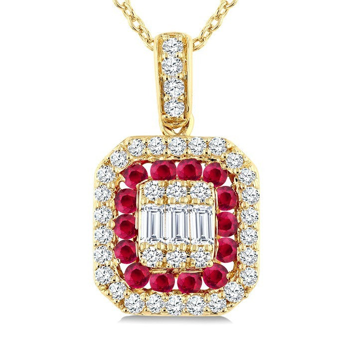 1/4 Ctw Octagonal Shape 1.45MM Ruby, Baguette and Round Cut Diamond Precious Fusion Pendant With Chain in 14K Yellow Gold