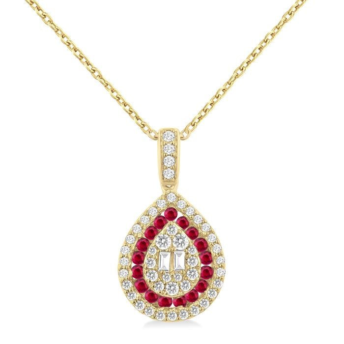 1.25 MM & 1.45 MM Pear Shape Ruby and 1/4 Ctw Baguette and Round Cut Diamond Precious Pendant With Chain in 14K Yellow Gold