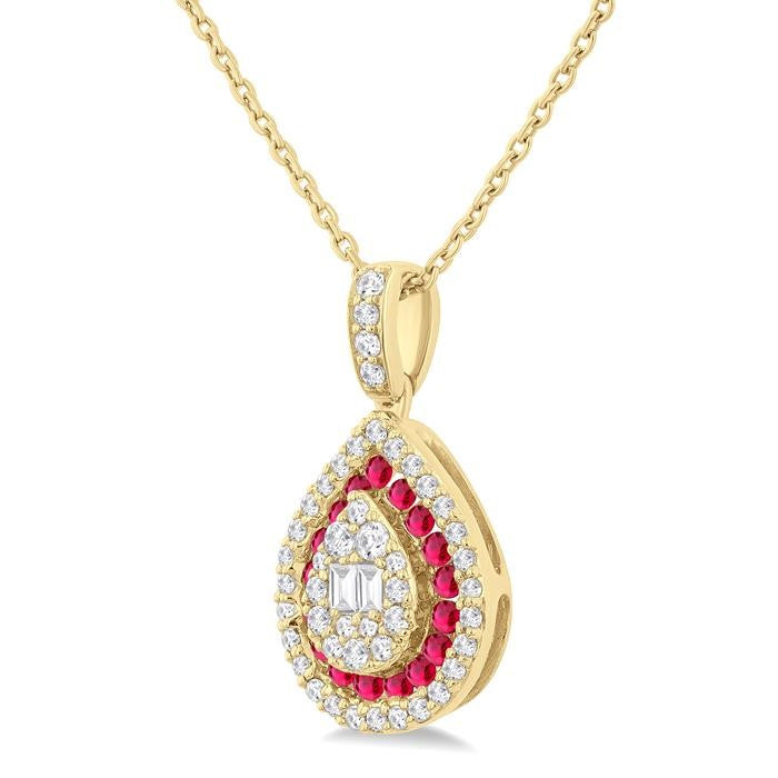1.25 MM & 1.45 MM Pear Shape Ruby and 1/4 Ctw Baguette and Round Cut Diamond Precious Pendant With Chain in 14K Yellow Gold