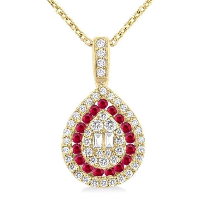 1.25 MM & 1.45 MM Pear Shape Ruby and 1/4 Ctw Baguette and Round Cut Diamond Precious Pendant With Chain in 14K Yellow Gold