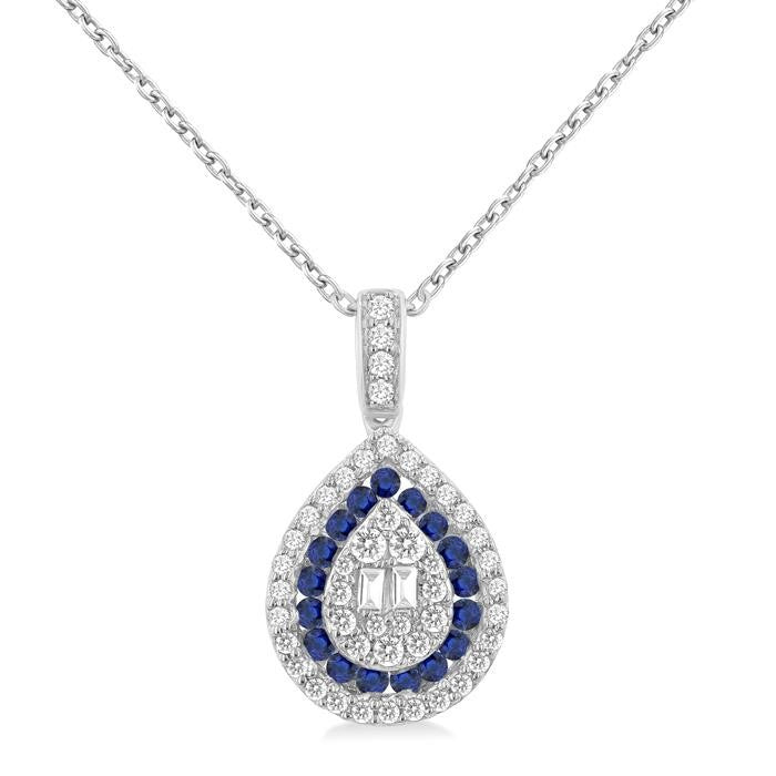 1.25 MM & 1.45 MM Pear Shape Sapphire and 1/4 Ctw Baguette and Round Cut Diamond Precious Pendant With Chain in 14K White Gold