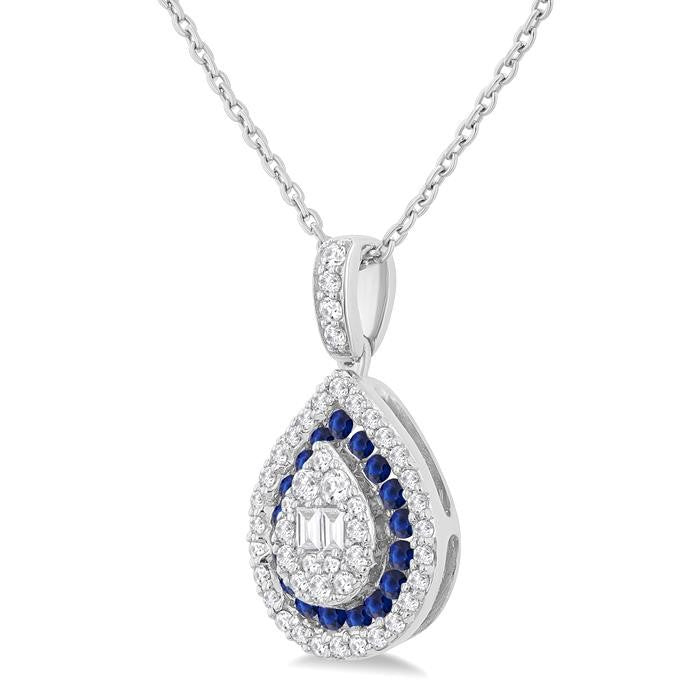 1.25 MM & 1.45 MM Pear Shape Sapphire and 1/4 Ctw Baguette and Round Cut Diamond Precious Pendant With Chain in 14K White Gold
