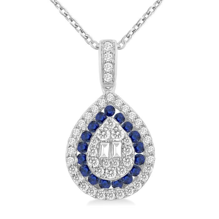 1.25 MM & 1.45 MM Pear Shape Sapphire and 1/4 Ctw Baguette and Round Cut Diamond Precious Pendant With Chain in 14K White Gold