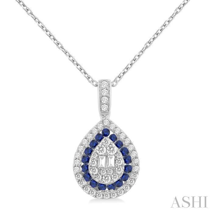 1.25 MM & 1.45 MM Pear Shape Sapphire and 1/4 Ctw Baguette and Round Cut Diamond Precious Pendant With Chain in 14K White Gold