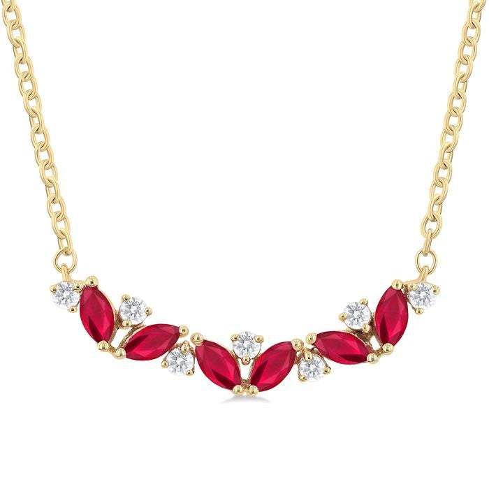 4X2 MM Marquise Cut Ruby and 1/6 Ctw Zig-Zag Round Cut Diamond Precious Necklace in 14K Yellow Gold