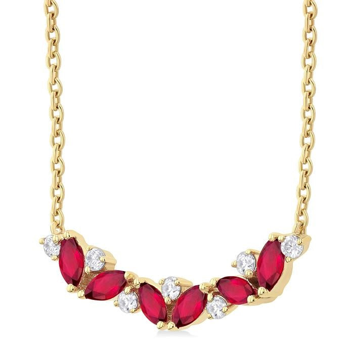 4X2 MM Marquise Cut Ruby and 1/6 Ctw Zig-Zag Round Cut Diamond Precious Necklace in 14K Yellow Gold