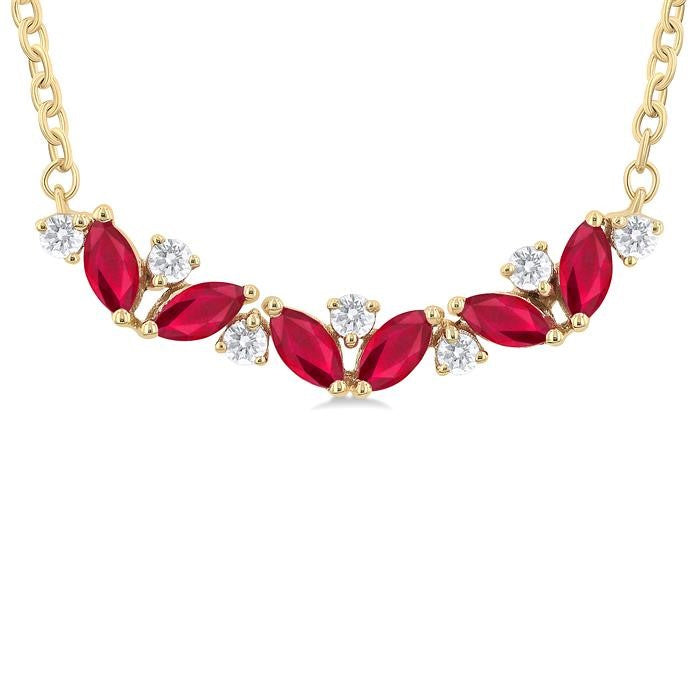 4X2 MM Marquise Cut Ruby and 1/6 Ctw Zig-Zag Round Cut Diamond Precious Necklace in 14K Yellow Gold