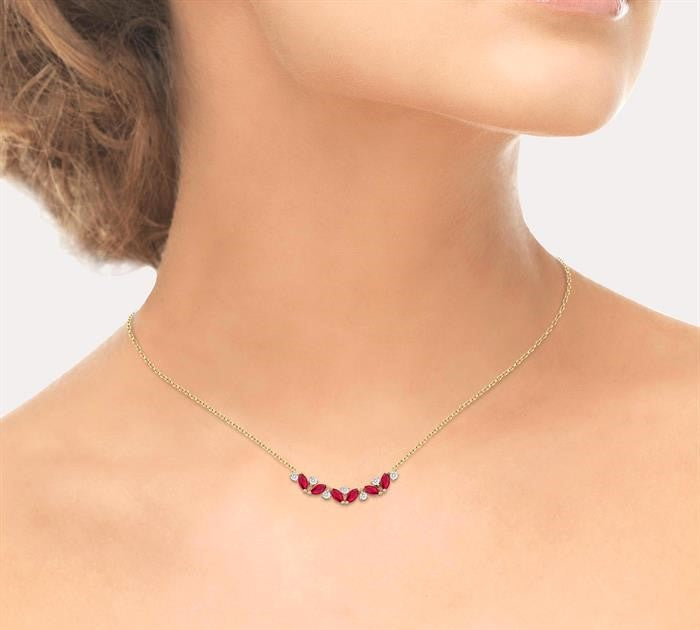 4X2 MM Marquise Cut Ruby and 1/6 Ctw Zig-Zag Round Cut Diamond Precious Necklace in 14K Yellow Gold