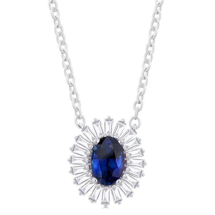 1/3 Ctw Oval Cut 6X4MM Sapphire and Baguette Cut Diamond Halo Precious Pendant With Chain in 14K White Gold