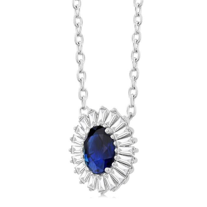 1/3 Ctw Oval Cut 6X4MM Sapphire and Baguette Cut Diamond Halo Precious Pendant With Chain in 14K White Gold