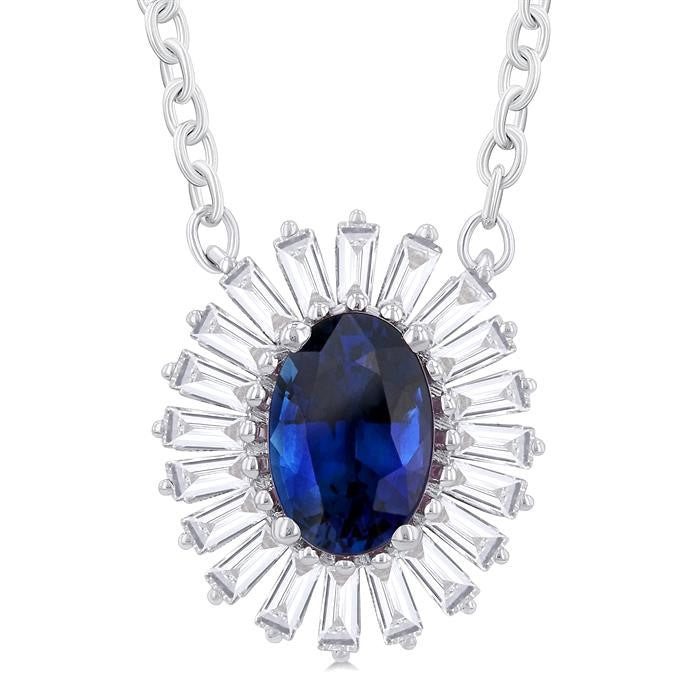 1/3 Ctw Oval Cut 6X4MM Sapphire and Baguette Cut Diamond Halo Precious Pendant With Chain in 14K White Gold