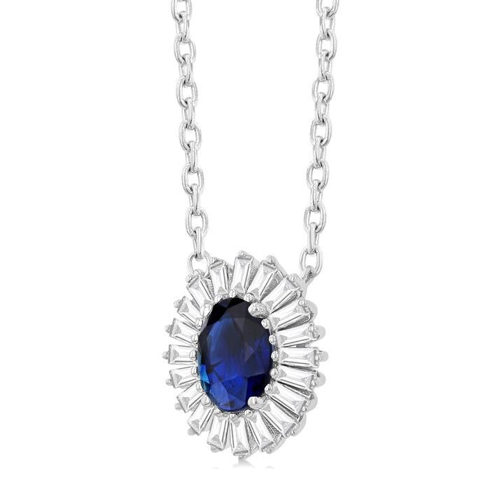 Oval Shape Gemstone & Baguette Halo Diamond Pendant