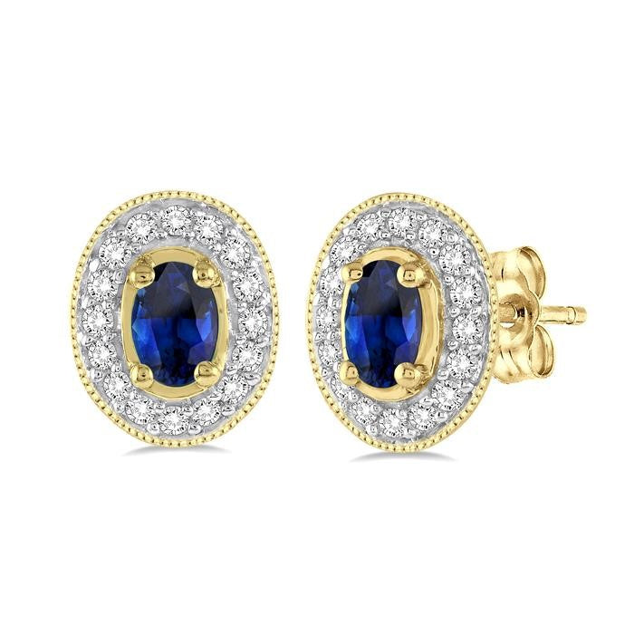 5x3 MM Oval Cut Sapphire and 1/4 Ctw Round Cut Diamond Earrings in 14K Yellow Gold