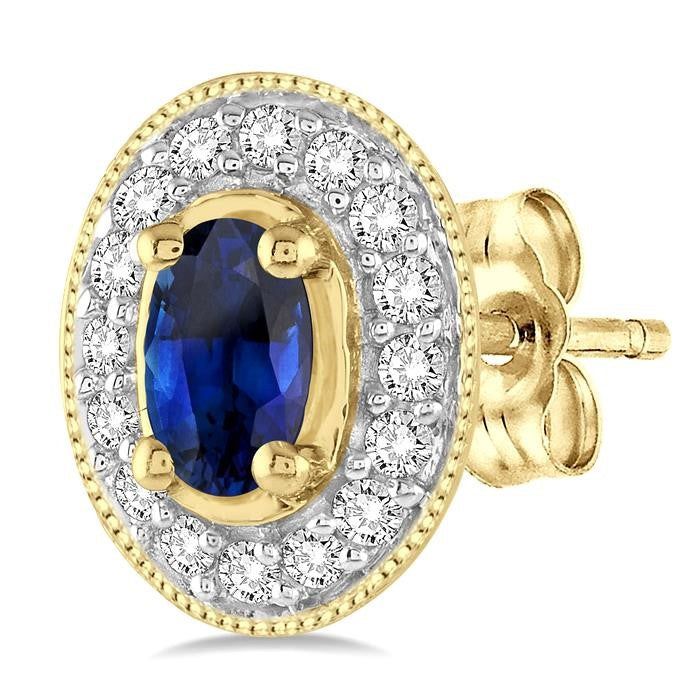 5x3 MM Oval Cut Sapphire and 1/4 Ctw Round Cut Diamond Earrings in 14K Yellow Gold