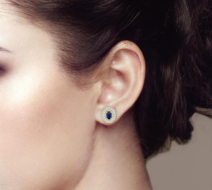 5x3 MM Oval Cut Sapphire and 1/4 Ctw Round Cut Diamond Earrings in 14K Yellow Gold