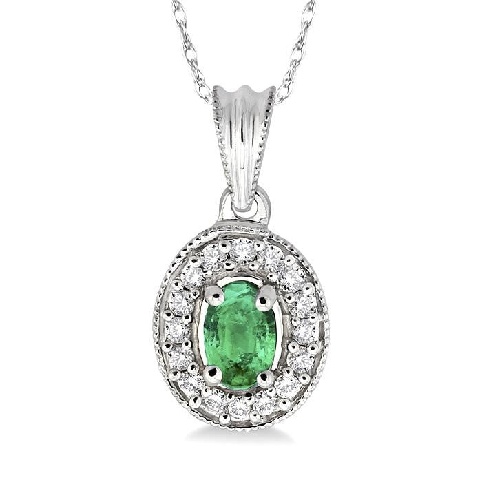 6x4 MM Oval Cut Emerald and 1/5 Ctw Round Cut Diamond Pendant in 14K White Gold with Chain