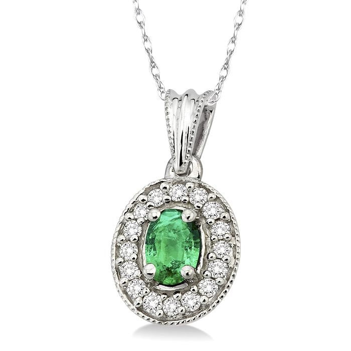 6x4 MM Oval Cut Emerald and 1/5 Ctw Round Cut Diamond Pendant in 14K White Gold with Chain