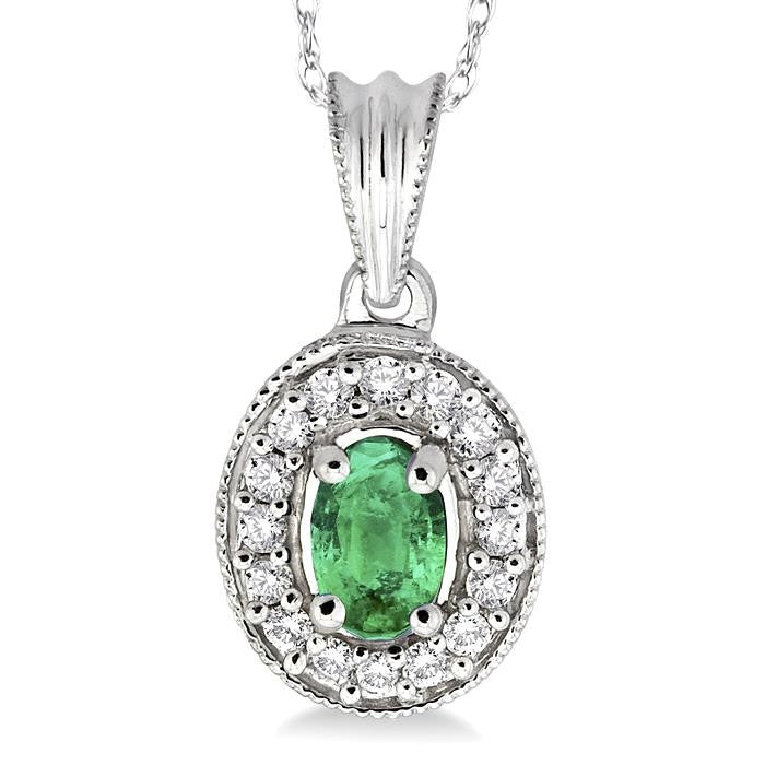 6x4 MM Oval Cut Emerald and 1/5 Ctw Round Cut Diamond Pendant in 14K White Gold with Chain