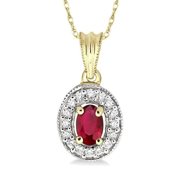 6x4 MM Oval Cut Ruby and 1/5 Ctw Round Cut Diamond Pendant in 14K Yellow Gold with Chain