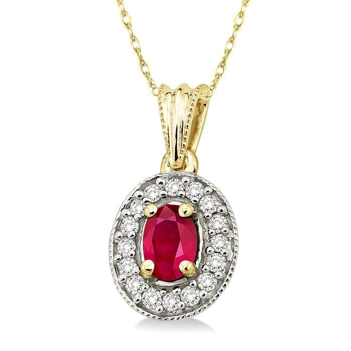 6x4 MM Oval Cut Ruby and 1/5 Ctw Round Cut Diamond Pendant in 14K Yellow Gold with Chain