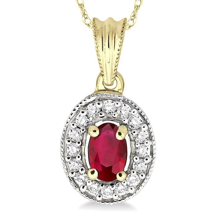 6x4 MM Oval Cut Ruby and 1/5 Ctw Round Cut Diamond Pendant in 14K Yellow Gold with Chain