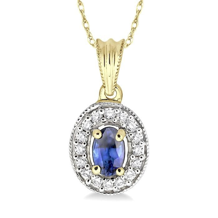 6x4 MM Oval Cut Sapphire and 1/5 Ctw Round Cut Diamond Pendant in 14K Yellow Gold with Chain