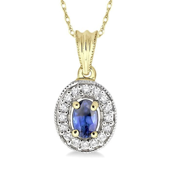 6x4 MM Oval Cut Sapphire and 1/5 Ctw Round Cut Diamond Pendant in 14K Yellow Gold with Chain