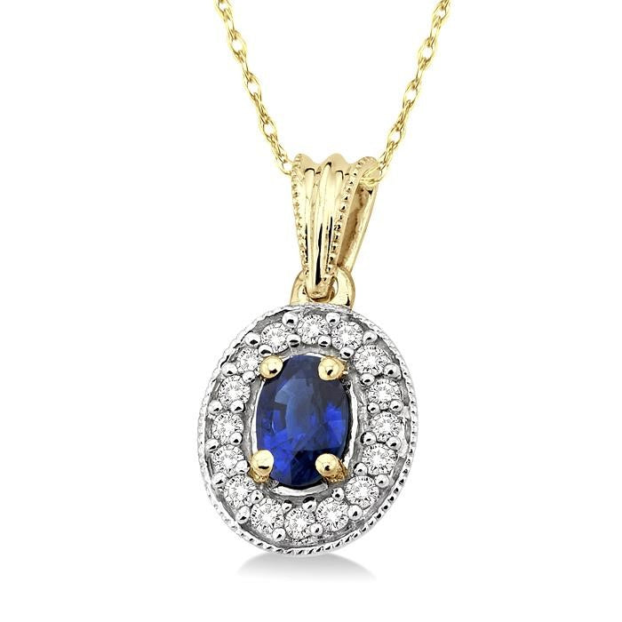 6x4 MM Oval Cut Sapphire and 1/5 Ctw Round Cut Diamond Pendant in 14K Yellow Gold with Chain