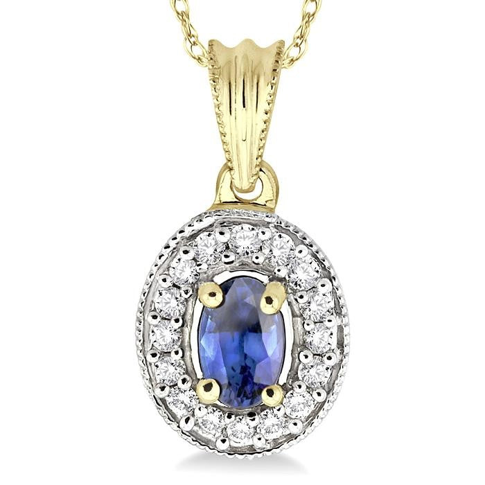 6x4 MM Oval Cut Sapphire and 1/5 Ctw Round Cut Diamond Pendant in 14K Yellow Gold with Chain