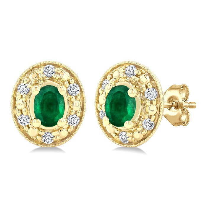 4x3 MM Oval Shaped Emerald and 1/10 Ctw Round Cut Diamond Earrings in 14K Yellow Gold