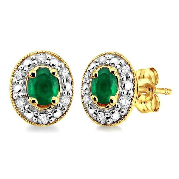 4x3 MM Oval Shaped Emerald and 1/10 Ctw Round Cut Diamond Earrings in 14K Yellow Gold