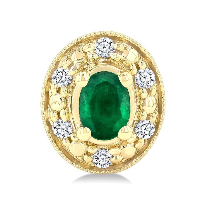 4x3 MM Oval Shaped Emerald and 1/10 Ctw Round Cut Diamond Earrings in 14K Yellow Gold