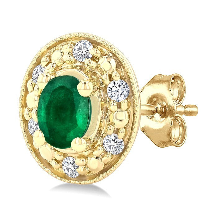 4x3 MM Oval Shaped Emerald and 1/10 Ctw Round Cut Diamond Earrings in 14K Yellow Gold