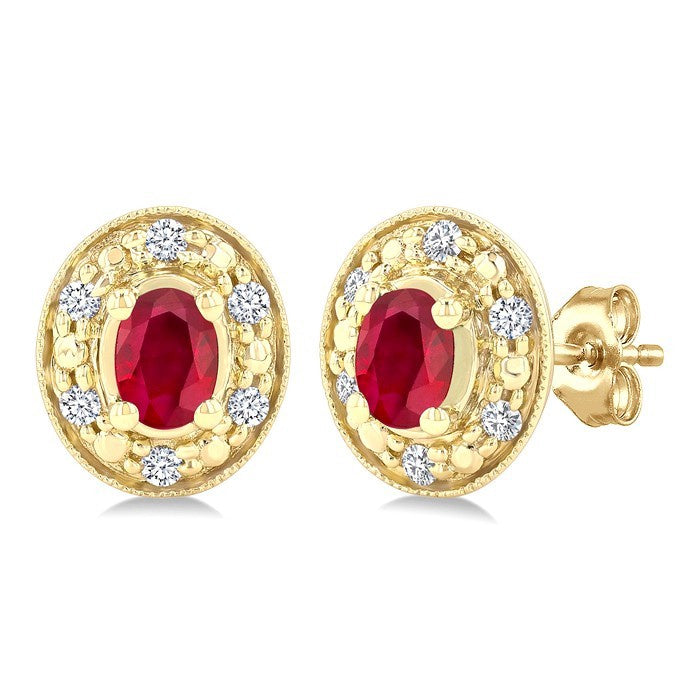 4X3 MM Oval Shaped Ruby and 1/10 Ctw Round Cut Diamond Earrings in 14K Yellow Gold