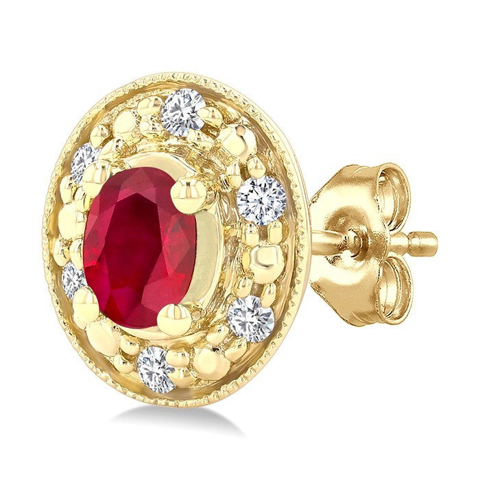 4X3 MM Oval Shaped Ruby and 1/10 Ctw Round Cut Diamond Earrings in 14K Yellow Gold