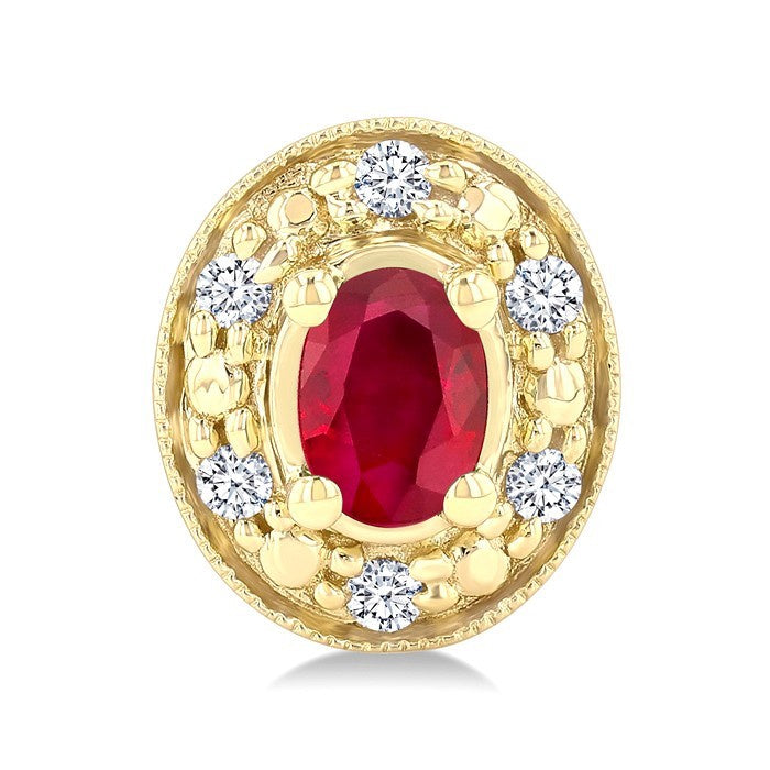 4X3 MM Oval Shaped Ruby and 1/10 Ctw Round Cut Diamond Earrings in 14K Yellow Gold