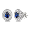 4x3 MM Oval Shaped Sapphire and 1/10 Ctw Round Cut Diamond Earrings in 14K White Gold