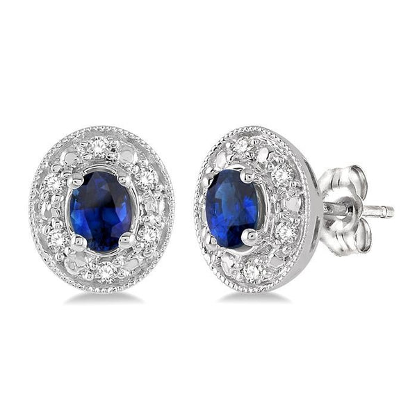 4x3 MM Oval Shaped Sapphire and 1/10 Ctw Round Cut Diamond Earrings in 14K White Gold