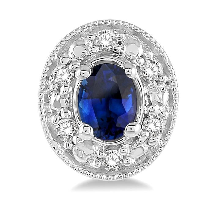 4x3 MM Oval Shaped Sapphire and 1/10 Ctw Round Cut Diamond Earrings in 14K White Gold