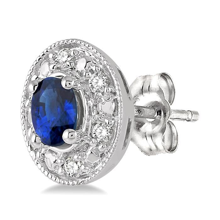 4x3 MM Oval Shaped Sapphire and 1/10 Ctw Round Cut Diamond Earrings in 14K White Gold
