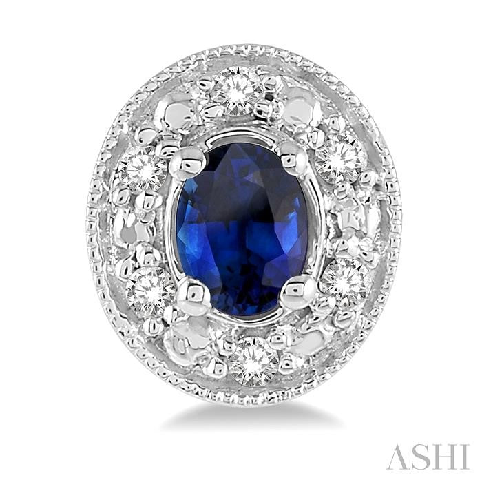 4x3 MM Oval Shaped Sapphire and 1/10 Ctw Round Cut Diamond Earrings in 14K White Gold