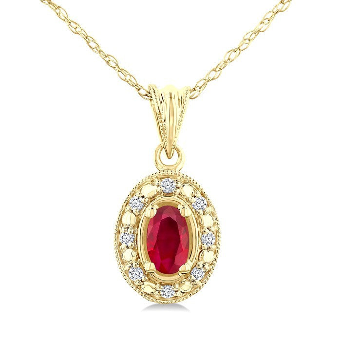 5x3 MM Oval Shape Ruby and 1/20 Ctw Round Cut Diamond Pendant in 14K Yellow Gold with Chain