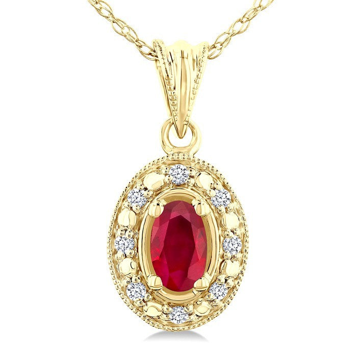 5x3 MM Oval Shape Ruby and 1/20 Ctw Round Cut Diamond Pendant in 14K Yellow Gold with Chain