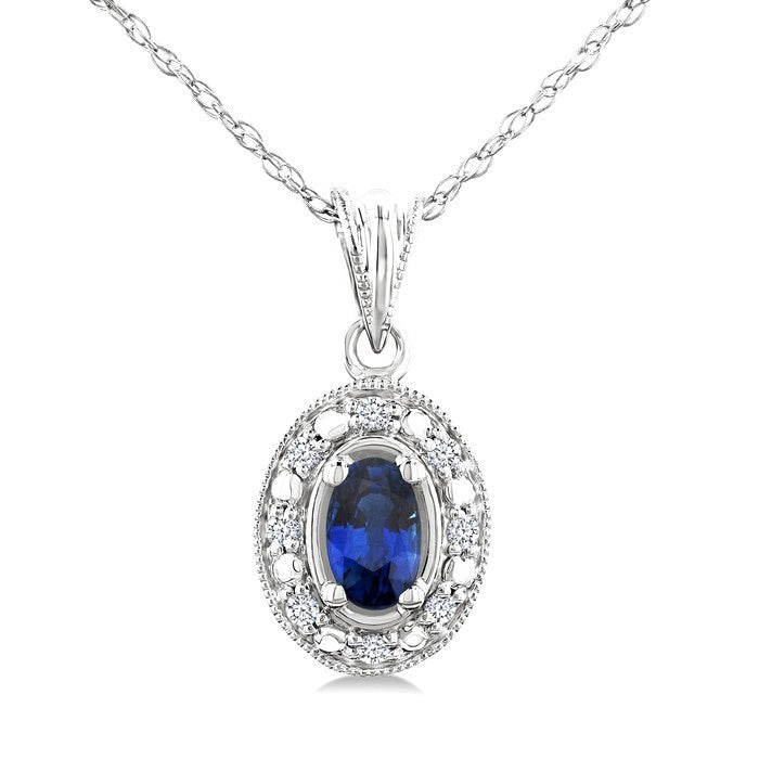 5x3 MM Oval Shape Sapphire and 1/20 Ctw Round Cut Diamond Pendant in 14K White Gold with Chain