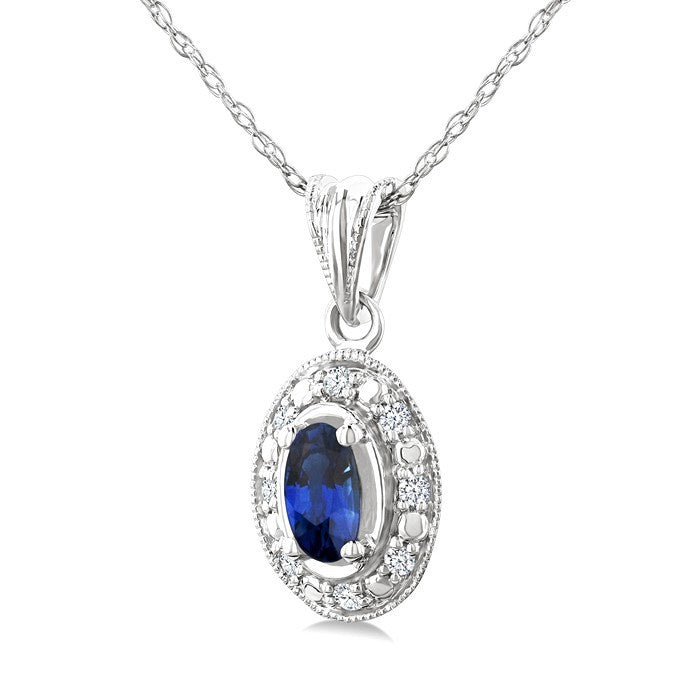 5x3 MM Oval Shape Sapphire and 1/20 Ctw Round Cut Diamond Pendant in 14K White Gold with Chain