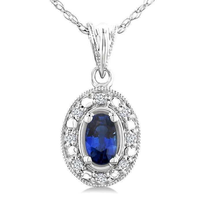 5x3 MM Oval Shape Sapphire and 1/20 Ctw Round Cut Diamond Pendant in 14K White Gold with Chain