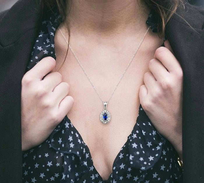 5x3 MM Oval Shape Sapphire and 1/20 Ctw Round Cut Diamond Pendant in 14K White Gold with Chain